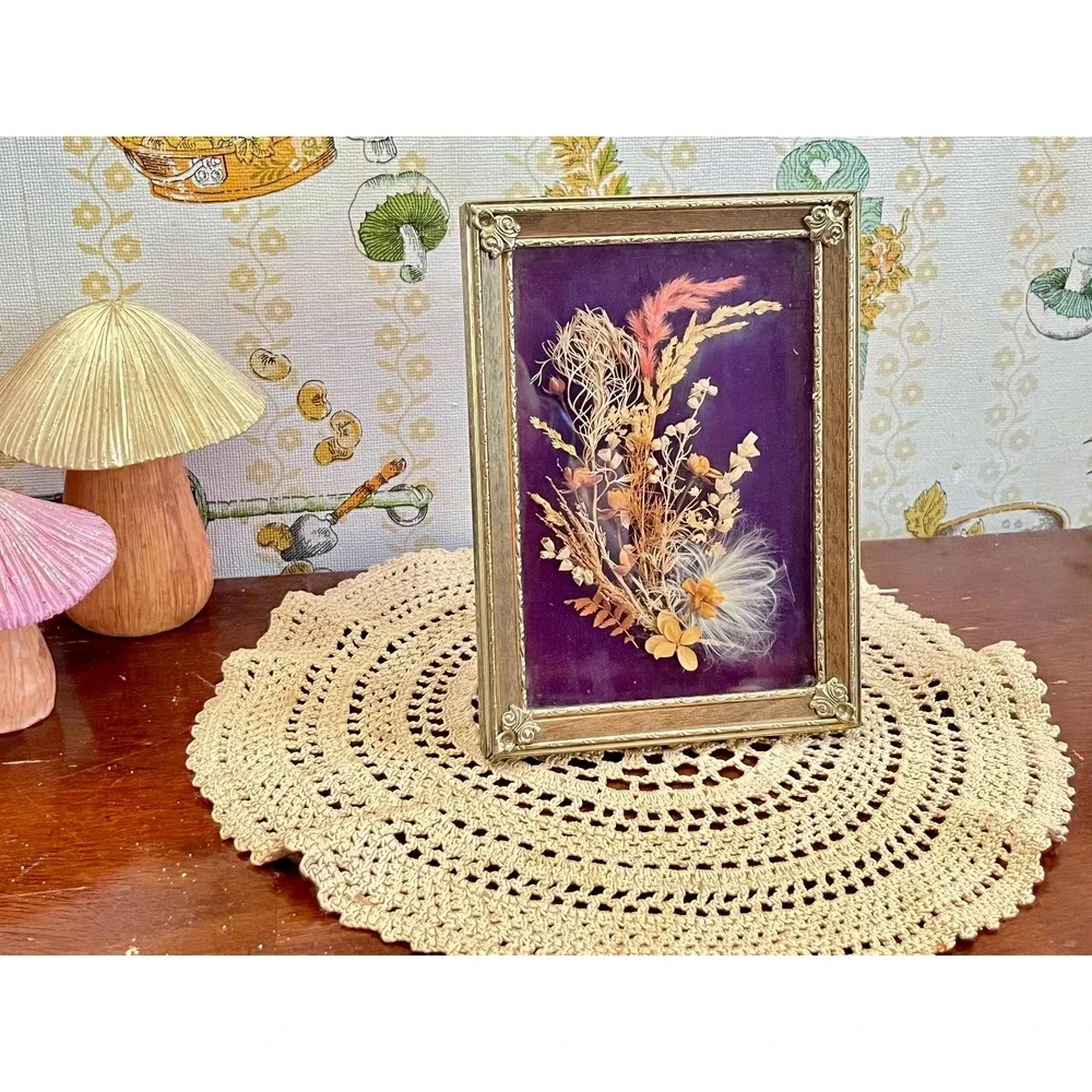 Vintage MCM Botanical Pressed Dried Flower Shadow Box Art Framed